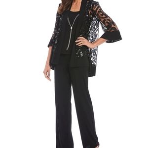 R&M Richard's Swirl Sequin Jacket 2 Piece Pant Set. Black. Size 14.